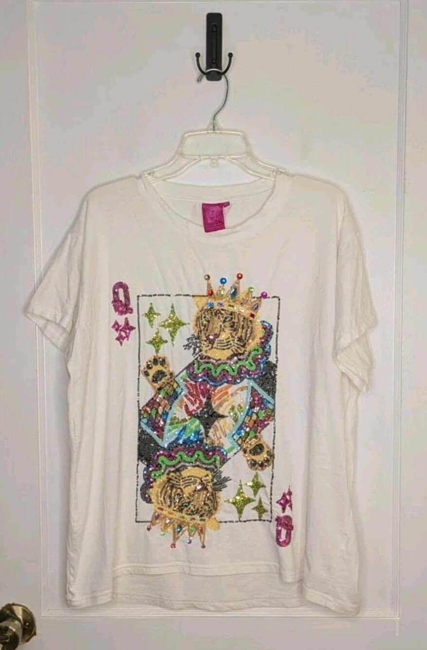 Queen Of Sparkles White Tiger Queen Card Tee Shirt Size XL Sequin Beaded
